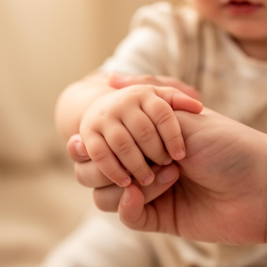 Mãos de adulto e de criança juntas, num gesto de proximidade